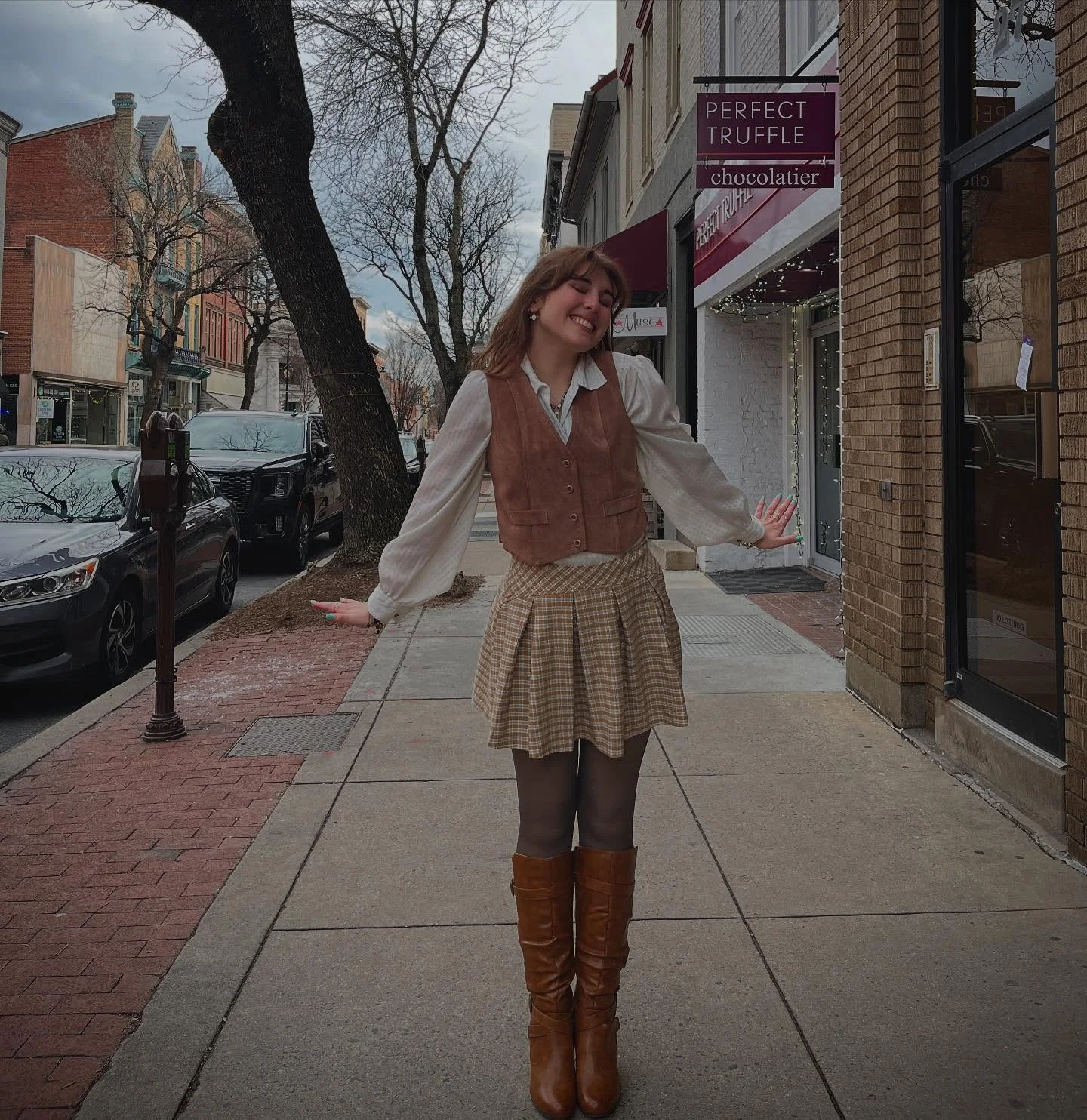 fall outfits with vests 2026 Feminine Fall Outfit With A Vest And Pleated Skirt
