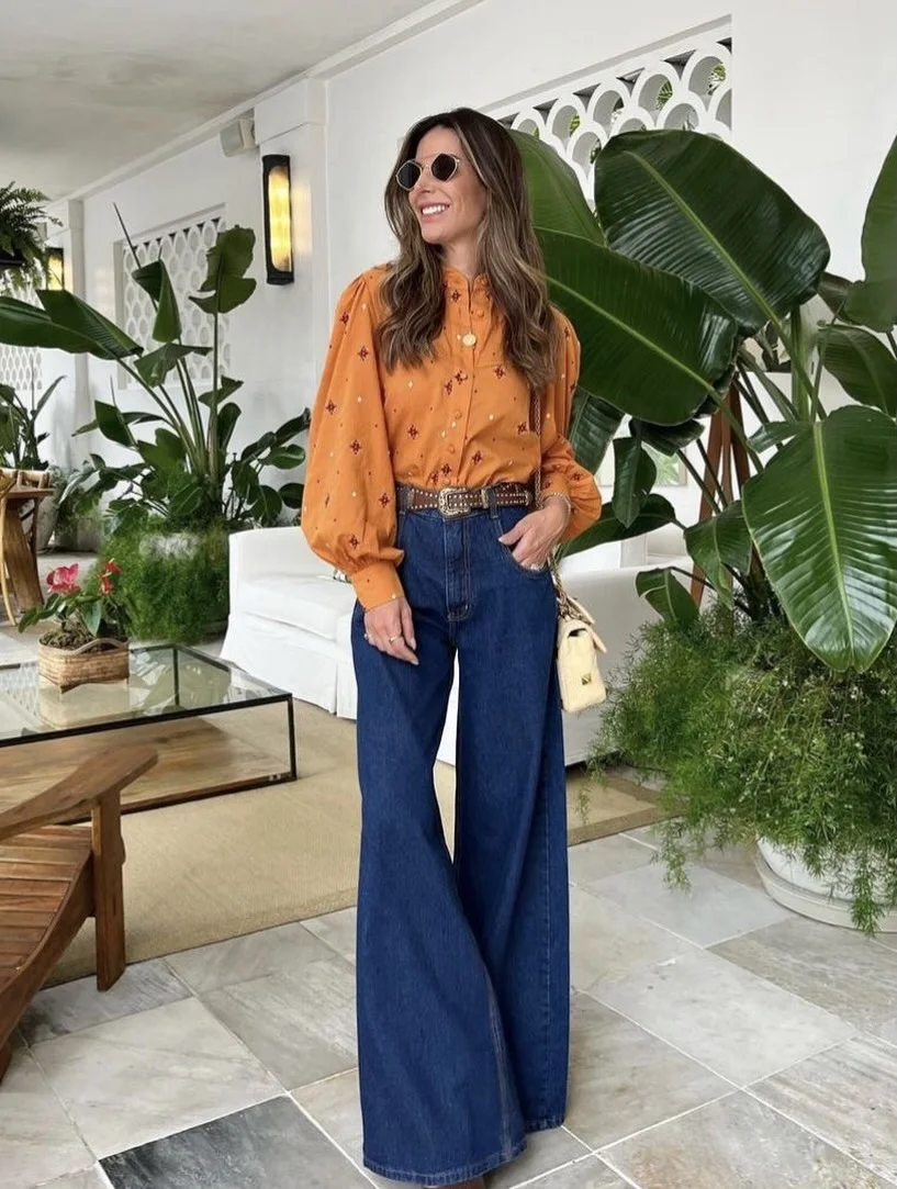 fall denim fashion outfits 2026 Rust-Toned Blouse And Wide-Leg Denim For Autumn Warmth