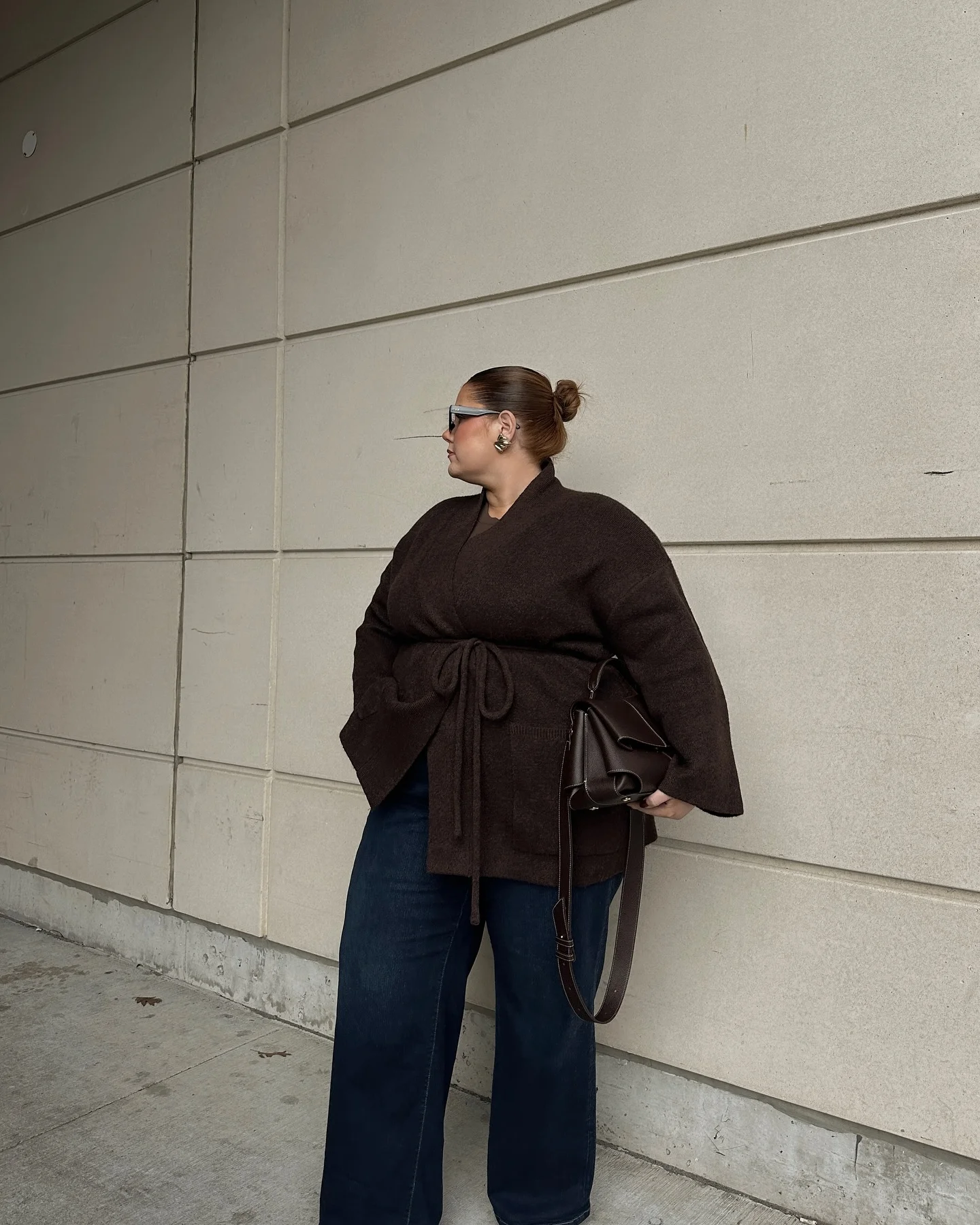 fall outfits for plus size women 2026 Chocolate Wrap Cardigan With Wide-Leg Denim