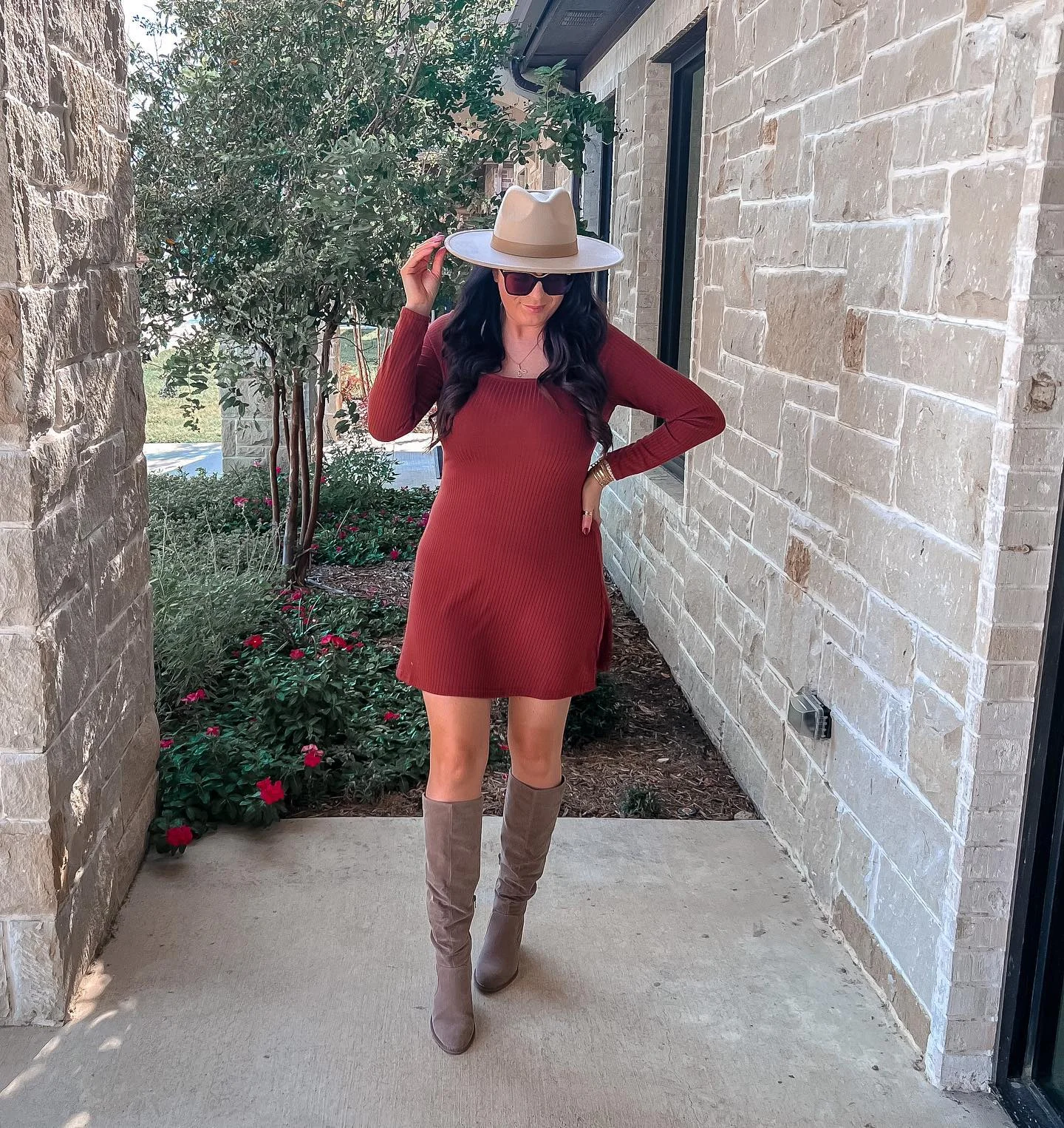fall outfits with dresses 2026 Ribbed Sweater Dress And Tall Boots In Rich Burgundy