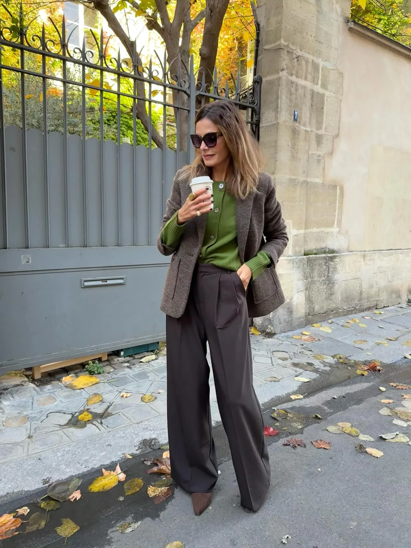 fall work outfits 2026 Olive Knit And Chocolate Trousers Autumn Formula