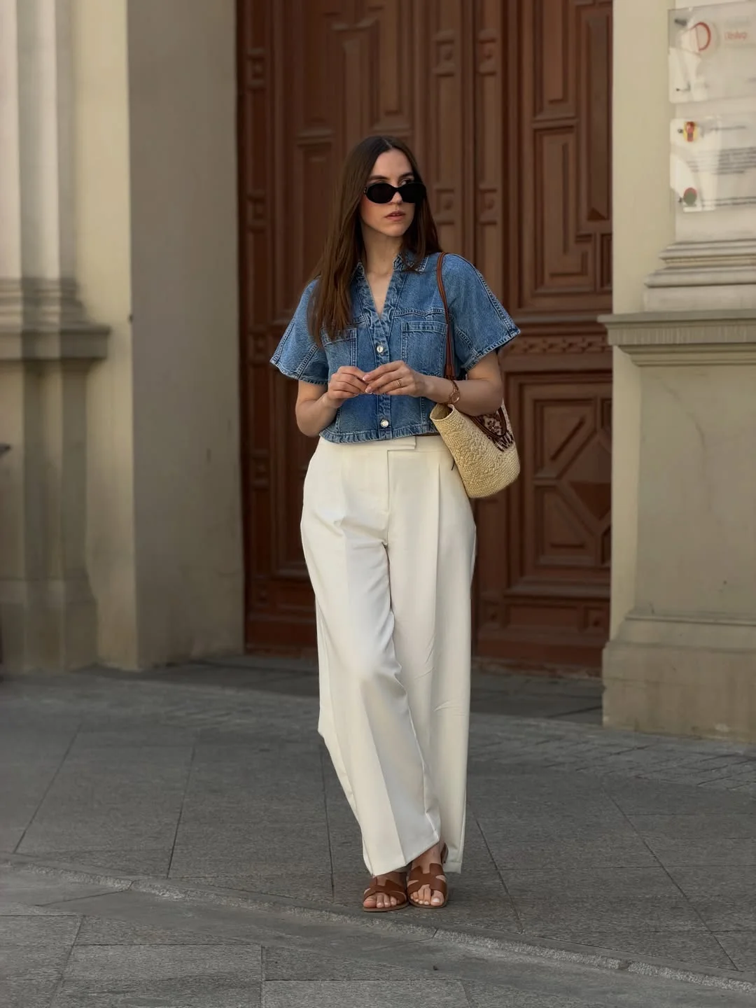 july outfits ideas 2026 Denim Cropped Shirt And Relaxed White Trousers
