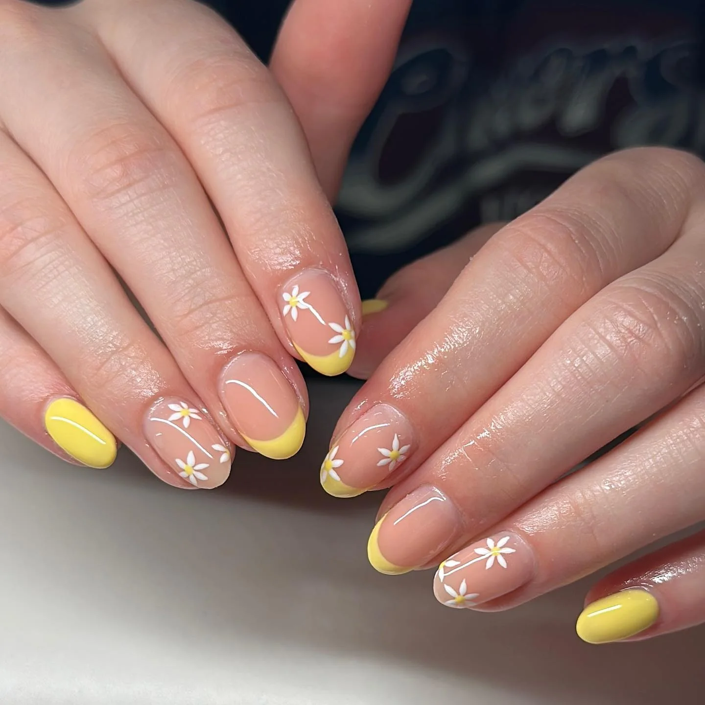 june manicure ideas Butter Yellow Daisy French Tips