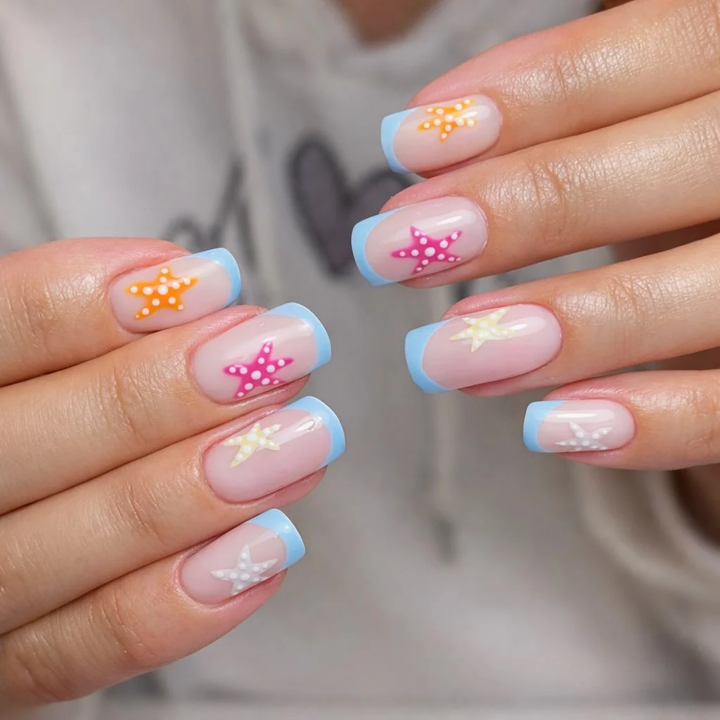 starfish summer nails 2026 Baby Blue French Tips With Colorful Starfish Details