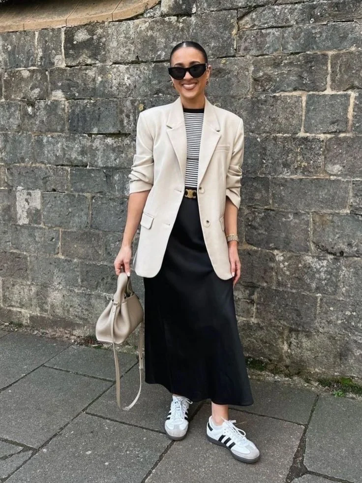 cute fall blazer outfits 2026 Light Blazer And Satin Skirt Casual Chic