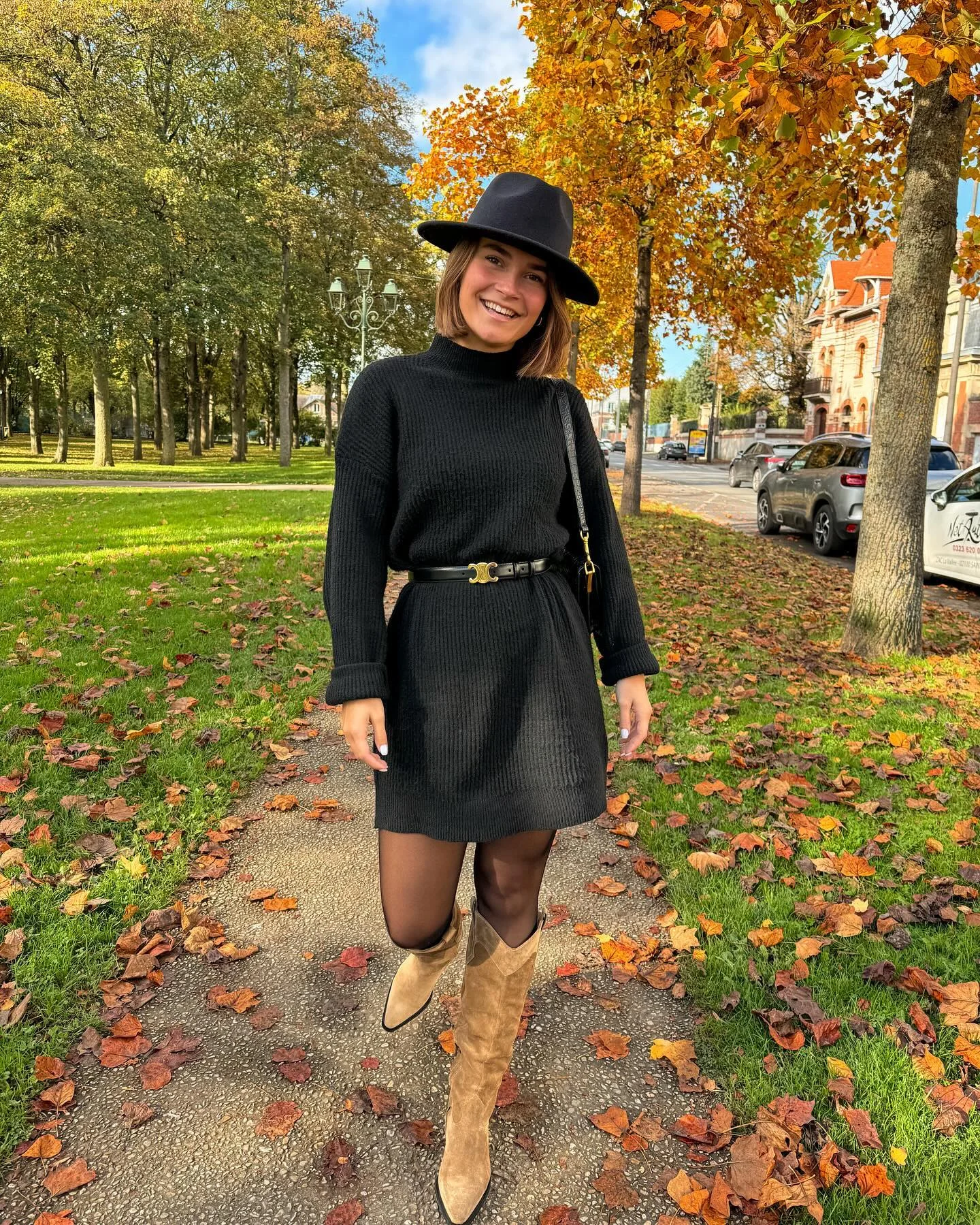 fall outfits with dresses 2026 Black Knit Dress With Statement Hat And Camel Boots