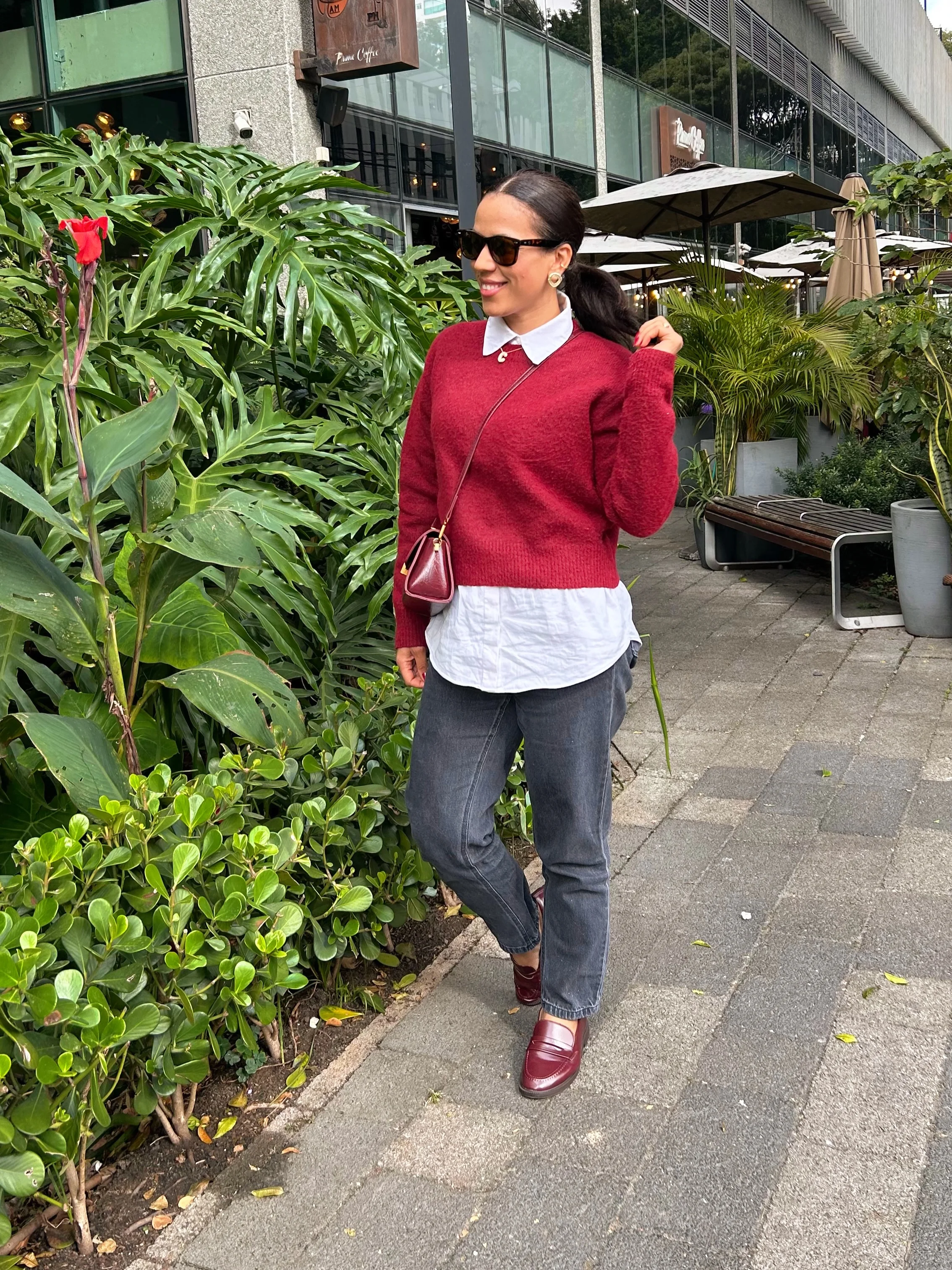fall outfits with jeans 2026 Burgundy Knitwear With Modern Gray Denim