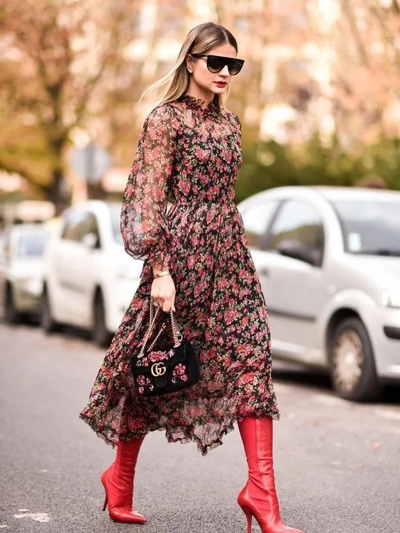 new trends fall fashion 2026 Romantic Florals Meet Statement Red Boots