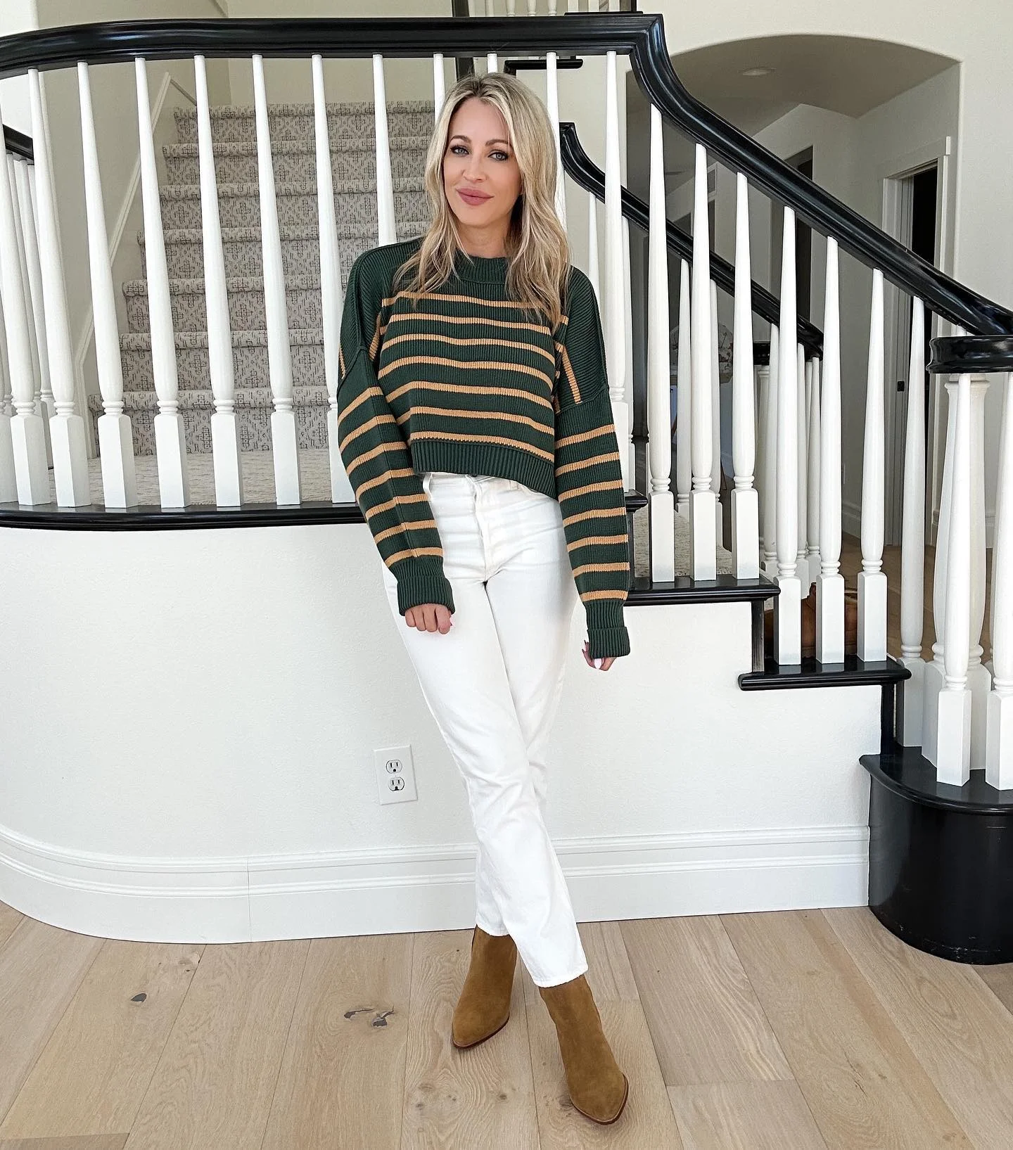 fall outfits ideas 2026 Striped Knitwear And White Denim For Bright Fall Style