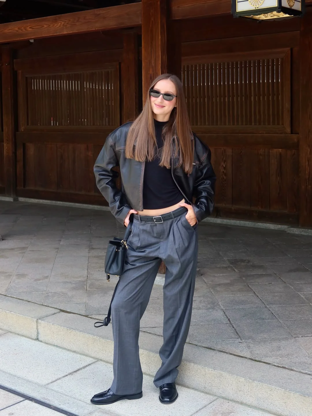 fall pants outfits 2026 Leather Jacket And Grey Wide-Leg Trousers With Modern Edge