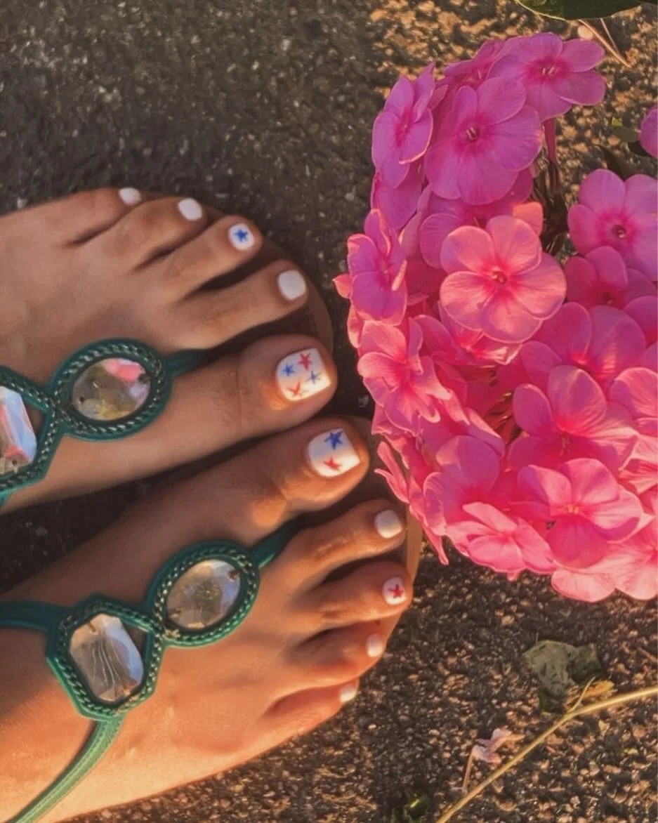 july toe nails design - summer ideas 2026 Soft White Pedicure With Delicate Americana Stars