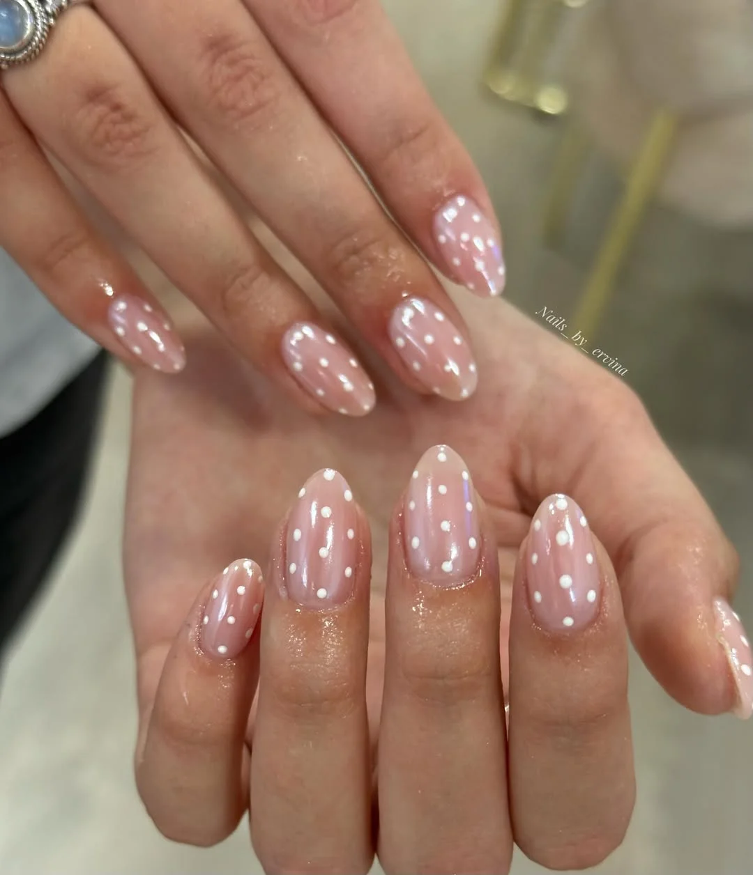 summer oval nails 2026 Glossy Pink Polka Dots With Timeless Charm