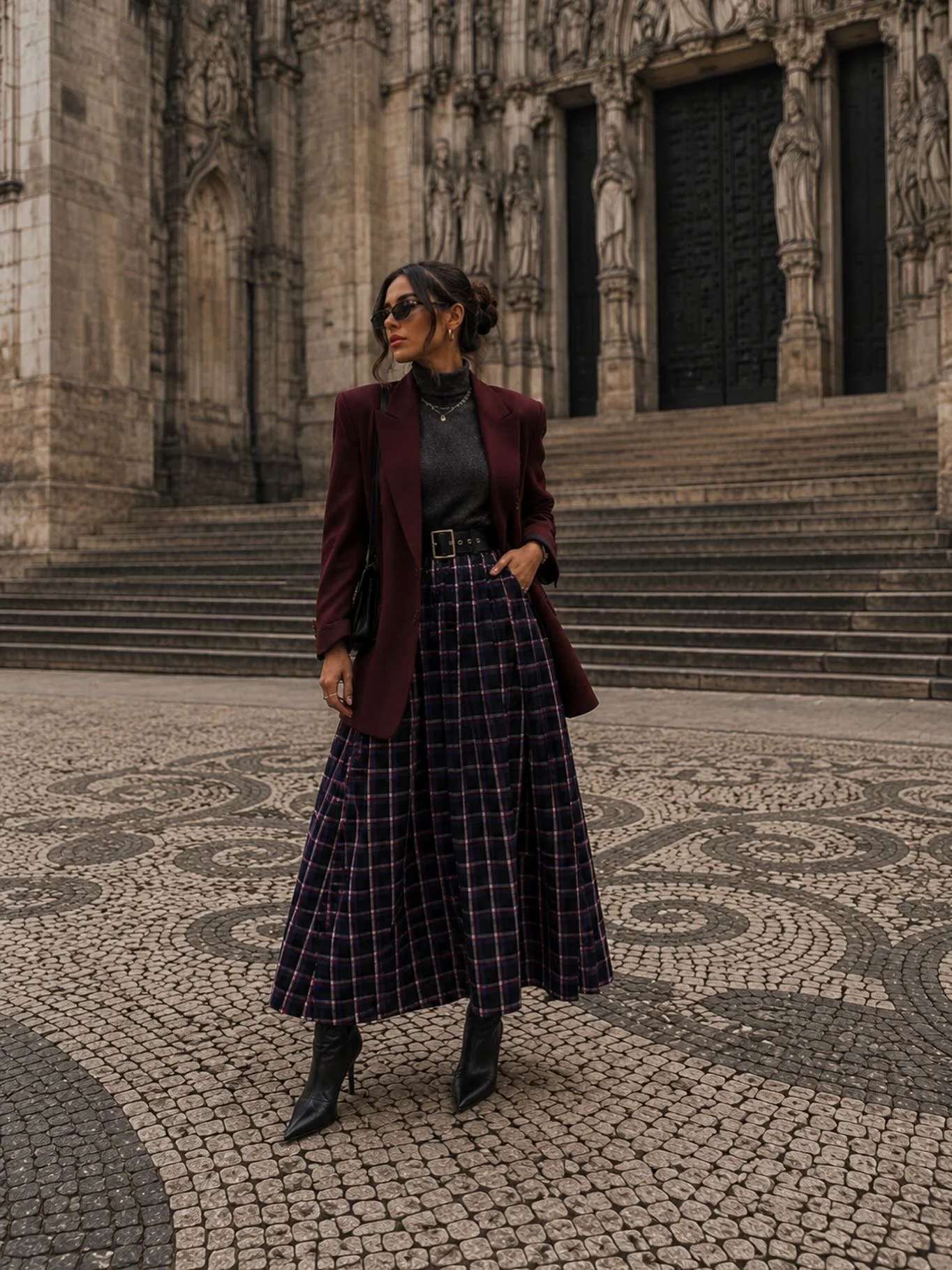 cute fall blazer outfits 2026 Burgundy Blazer And Plaid Skirt Elegance