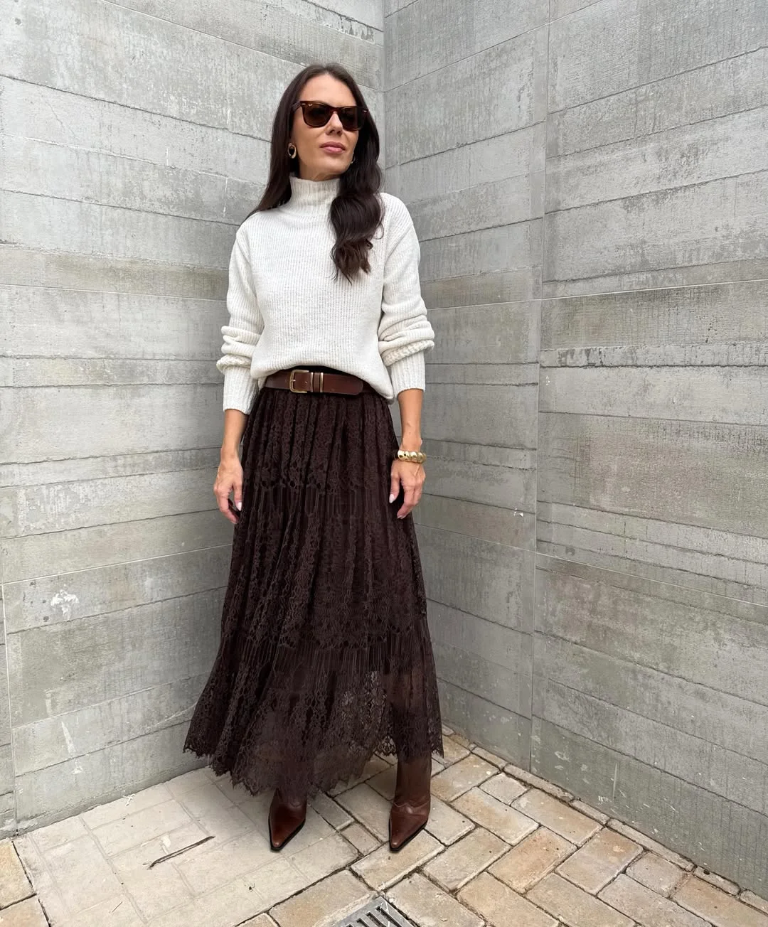 early fall outfits 2026 Chocolate Lace And Soft Knit Elegance