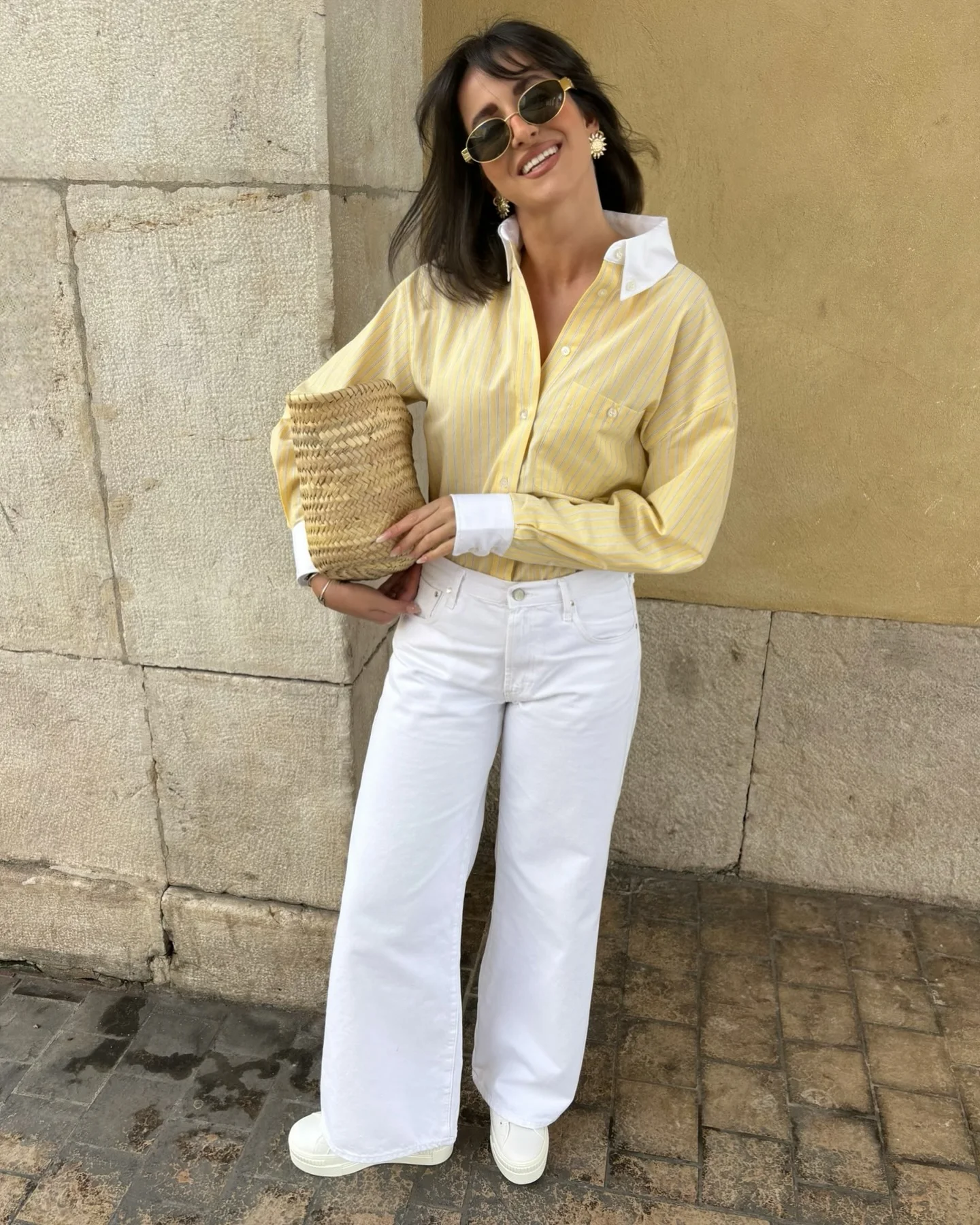 early summer outfits 2026 Butter Yellow Stripes And White Denim Perfection