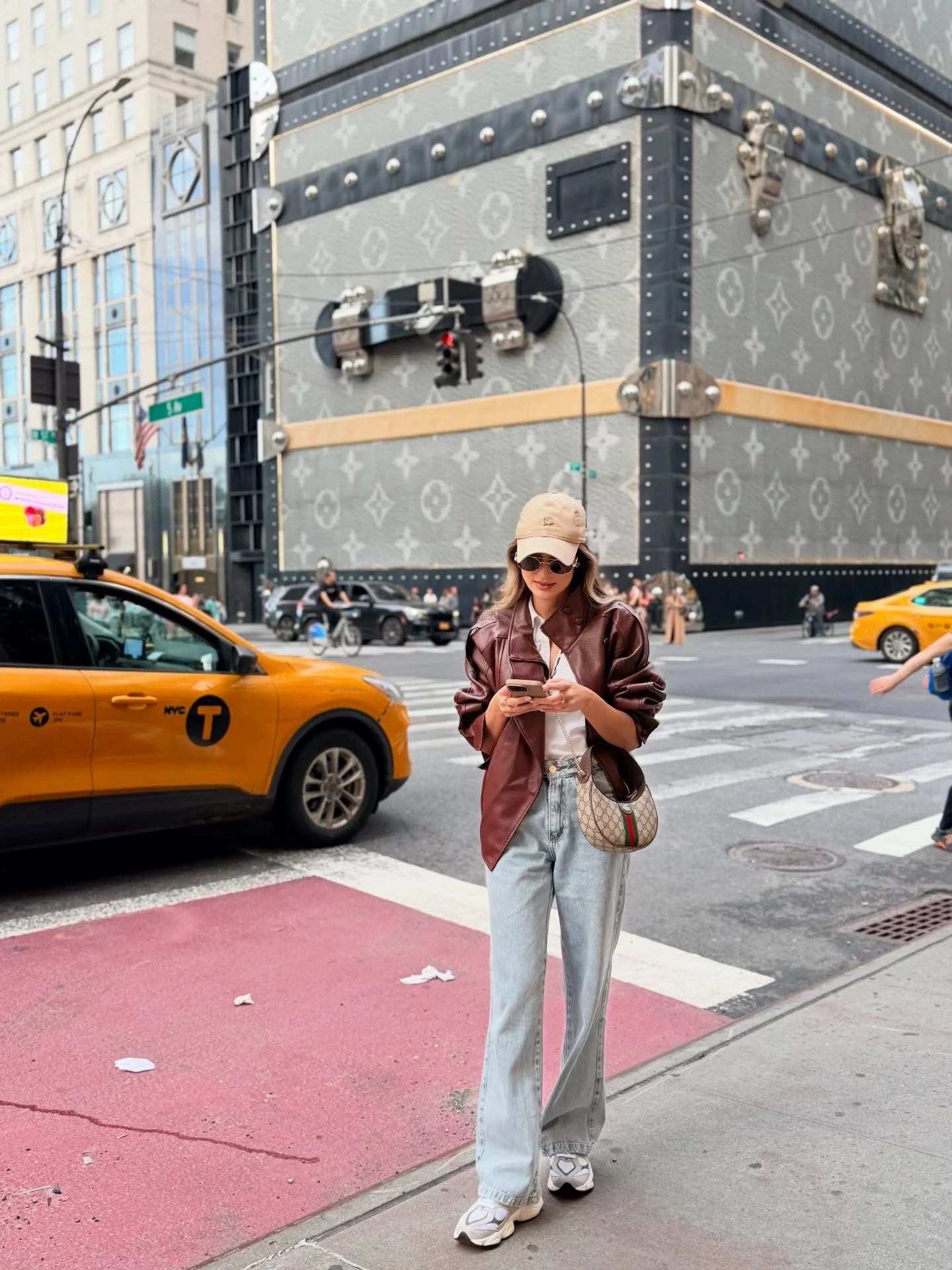 fall denim fashion outfits 2026 Burgundy Leather And Light-Wash Denim City Chic