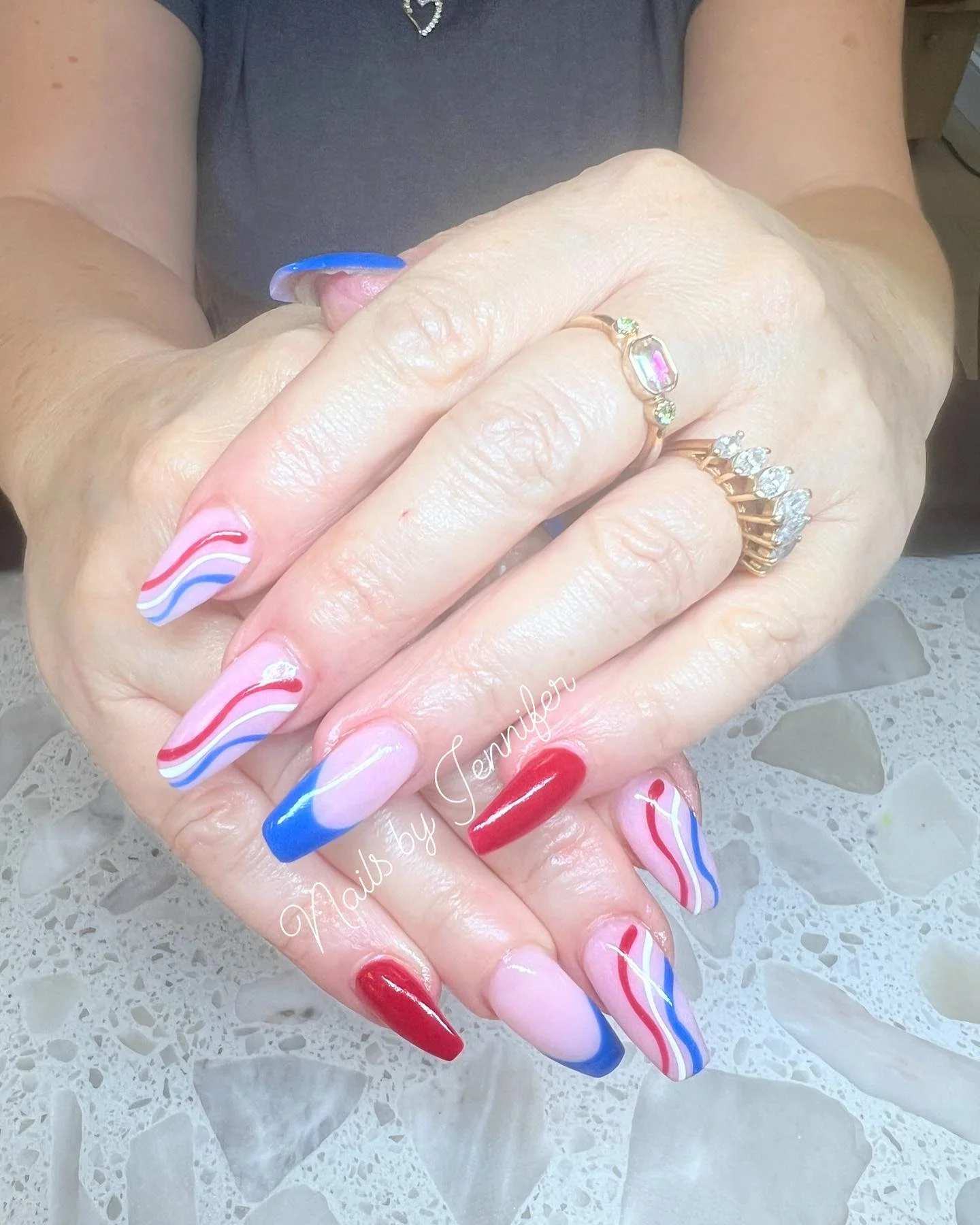 july nails design ideas 2026 Retro Red White And Blue Waves