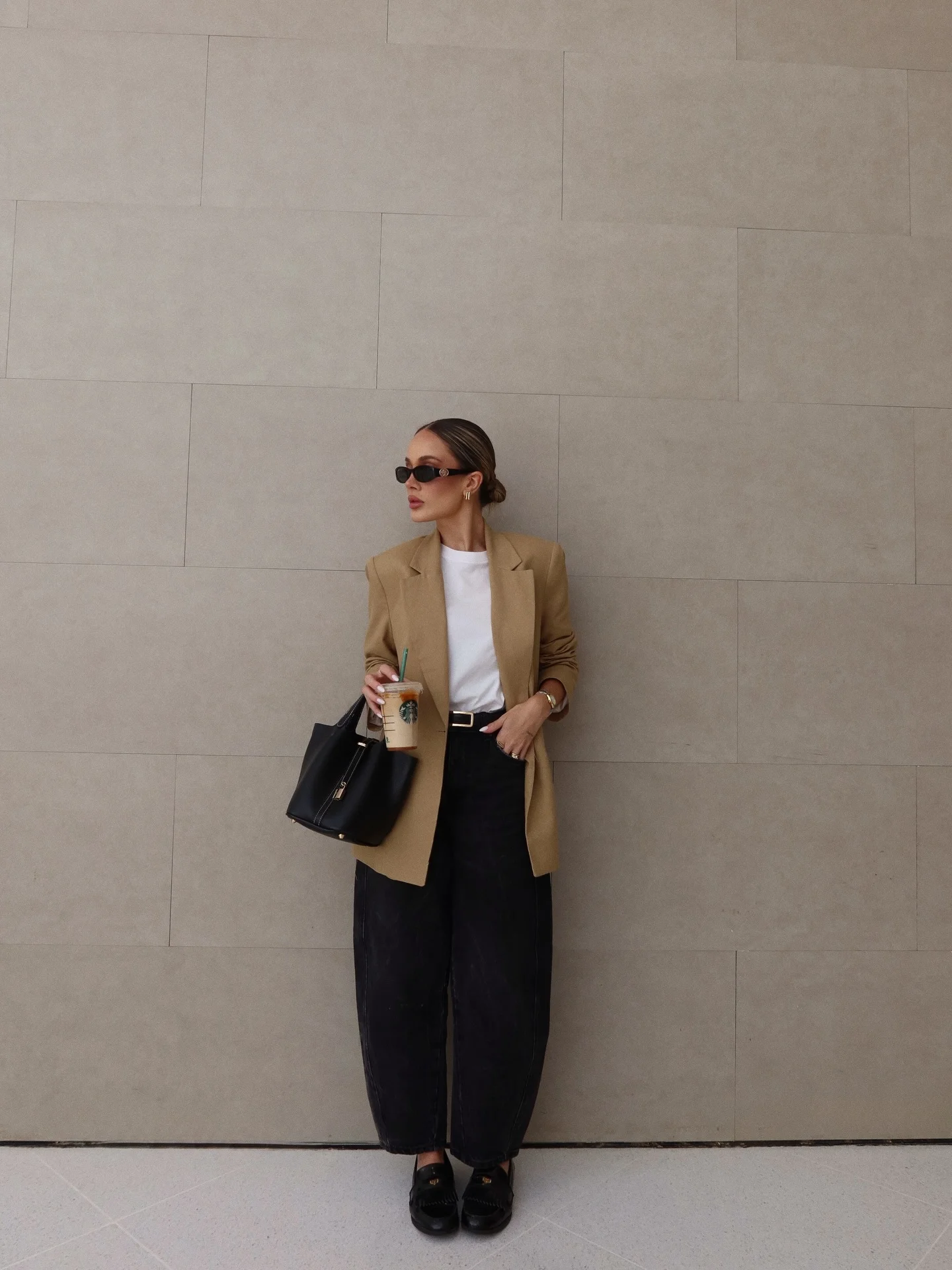 fall work outfits 2026 Relaxed Camel Blazer And Barrel Jeans Combination