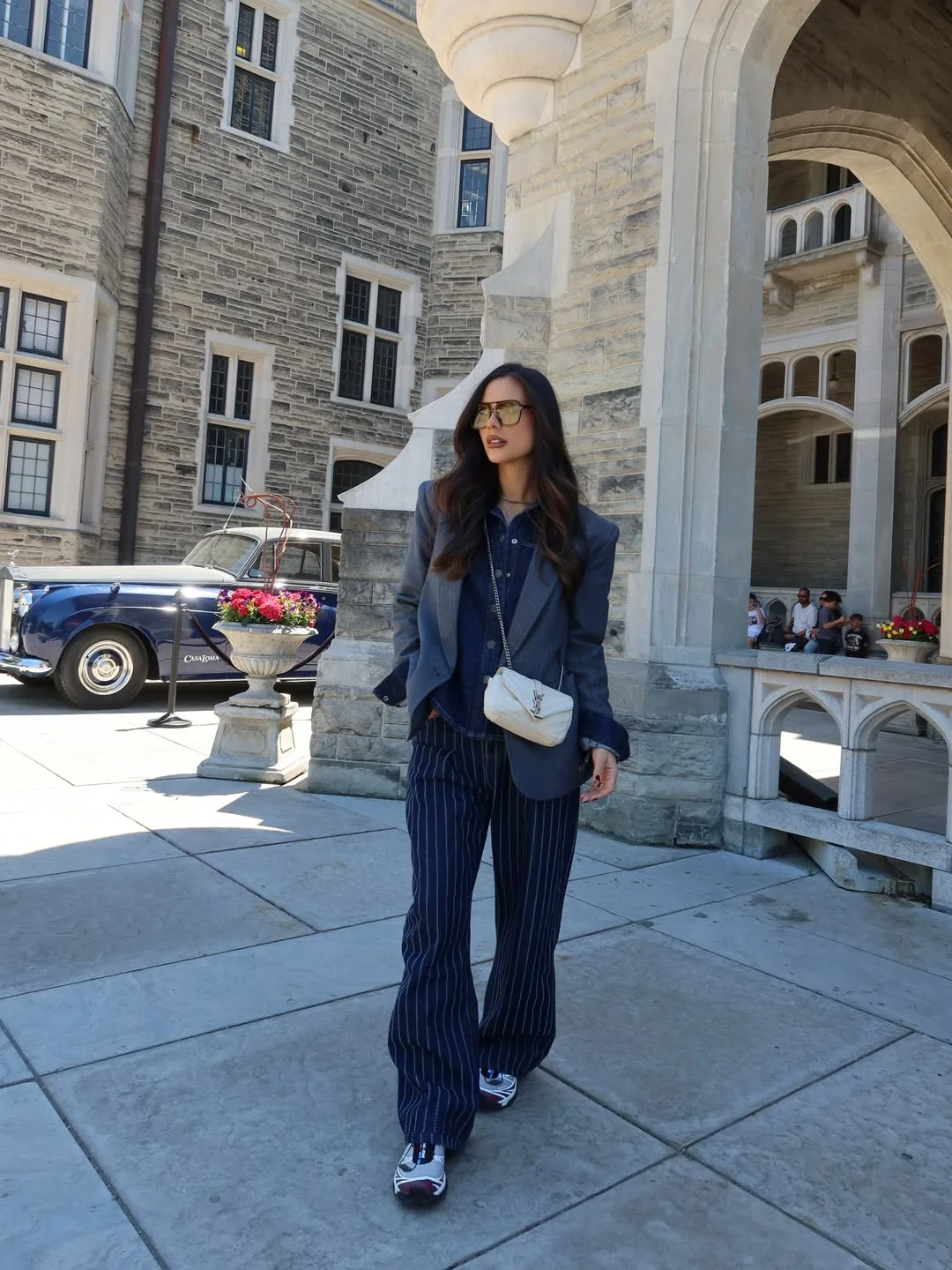cute fall blazer outfits 2026 Navy Layers With Relaxed Pinstripe Trousers