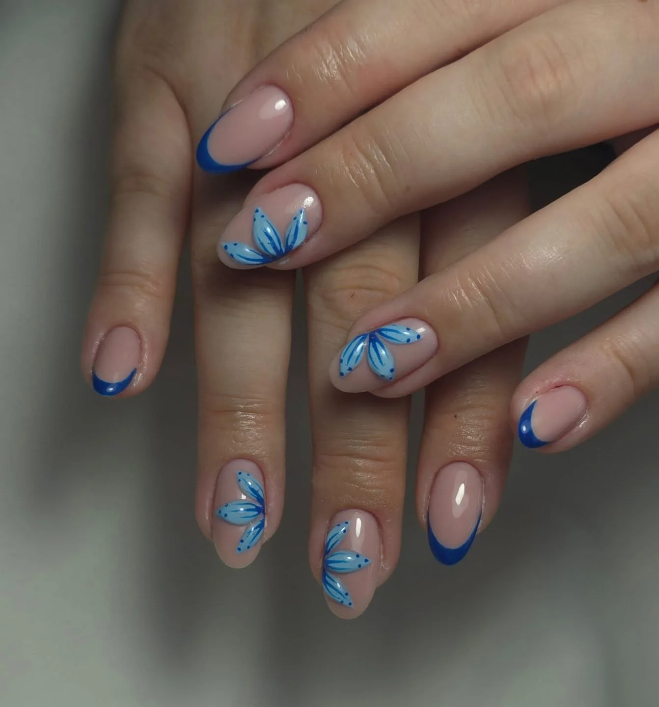 summer oval nails 2026 Blue Floral French Tip Refresh