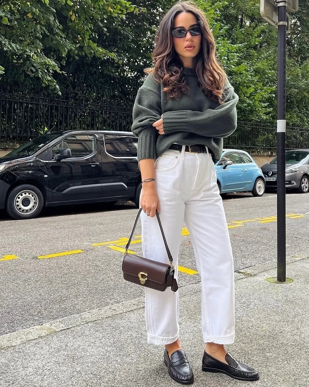 early fall outfits 2026 Olive Knits And Crisp White Denim