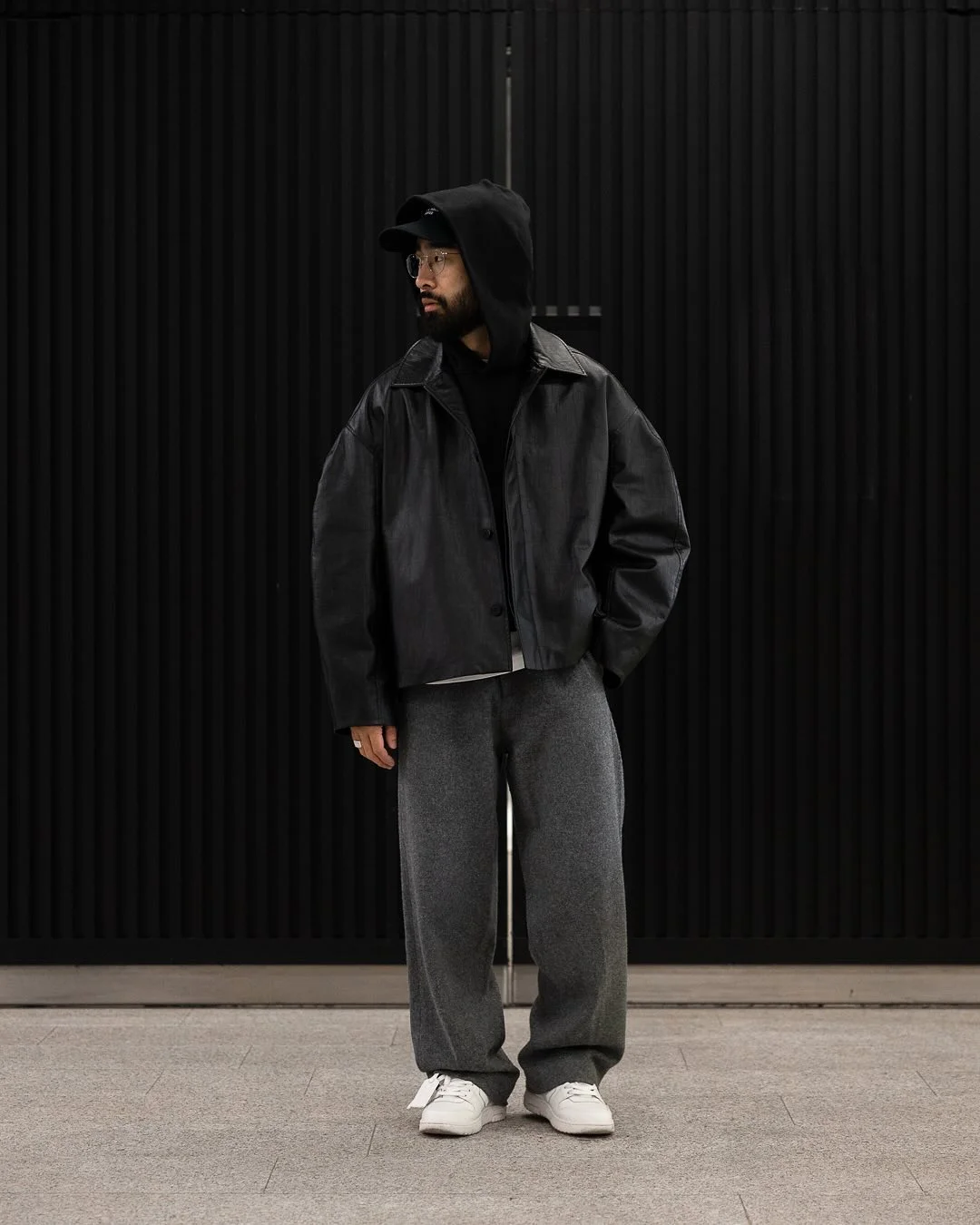 fall outfits ideas for men 2026 Leather Jacket And Relaxed Sweatpants For Elevated Streetwear