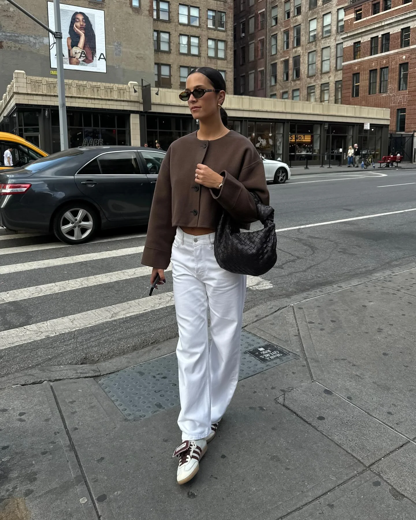 fall streetwear outfits nyc 2026 Cropped Chocolate Layers With Crisp White Denim