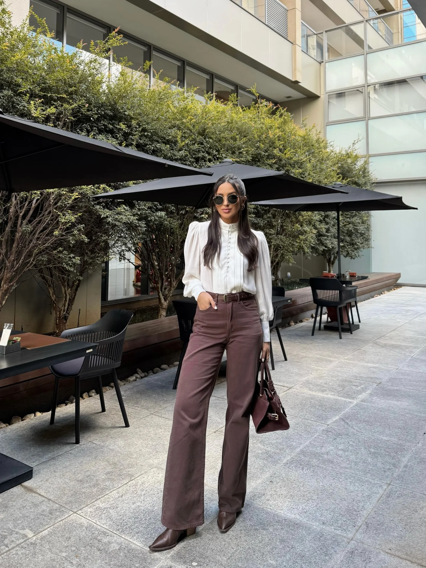 fall work outfits 2026 Soft Blouse And Espresso Denim For Modern Elegance