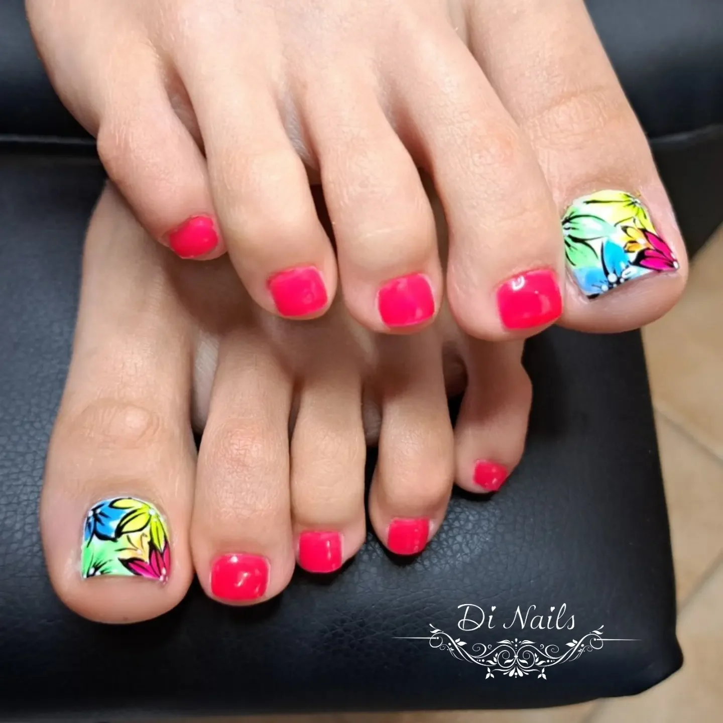 june pedicure ideas 2026 Hot Pink Tropical Florals With Vacation Energy