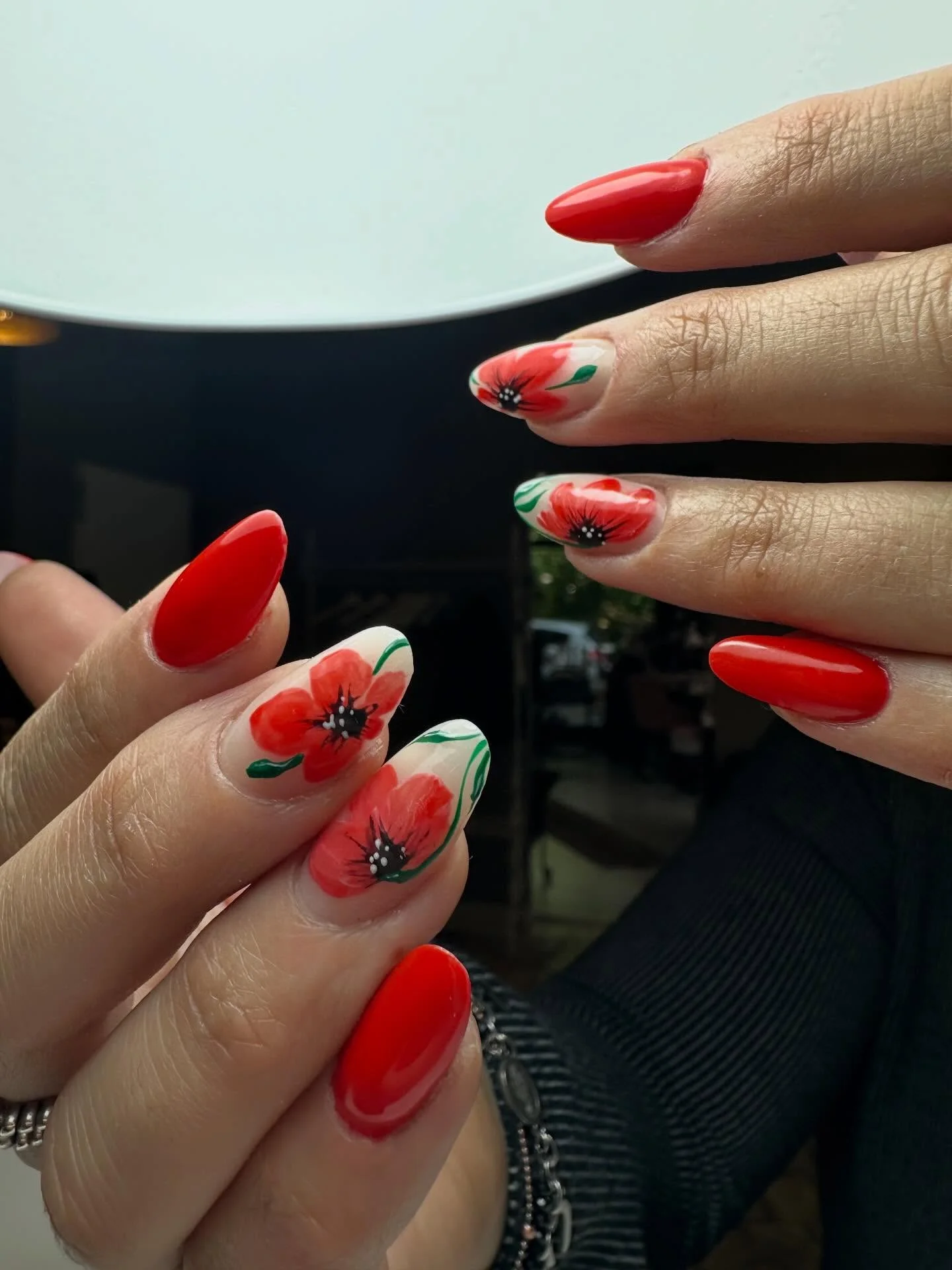 summer oval nails 2026 Bold Red Floral Statement